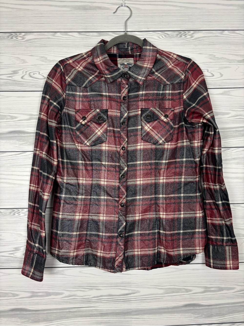 Harley Davidson Plaid pearl snap button down shirt medium women’s